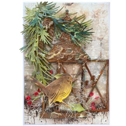 Zimní přáníčko s ptáčkem a budkou